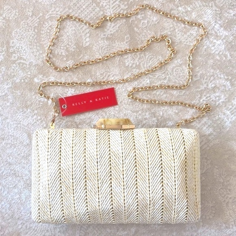 Brand New Kelly & Katie Stitched Gem-Lock Clutch Beige Chain Crossbody Purse